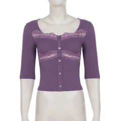 Cyflymder  Women Square Neck Elbow Sleeve Ribbed Top Lace Patchwork Button Front Slim Y2K Aesthetics Coquette Cropped T-shirts Purple Fall