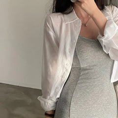 Cyflymder Summer Solid Color Lapel Back Tie Casual Fashion Chiffon Long Sleeve Sunscreen Cardigan Shirt