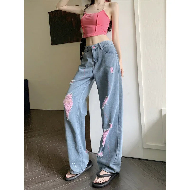 Cyflymder  Hot Girl Torn Jeans Women's Summer High Waisted Pink Ripped Loose Draped Demin Wide Leg Pants Fashion Casual Female Clothes
