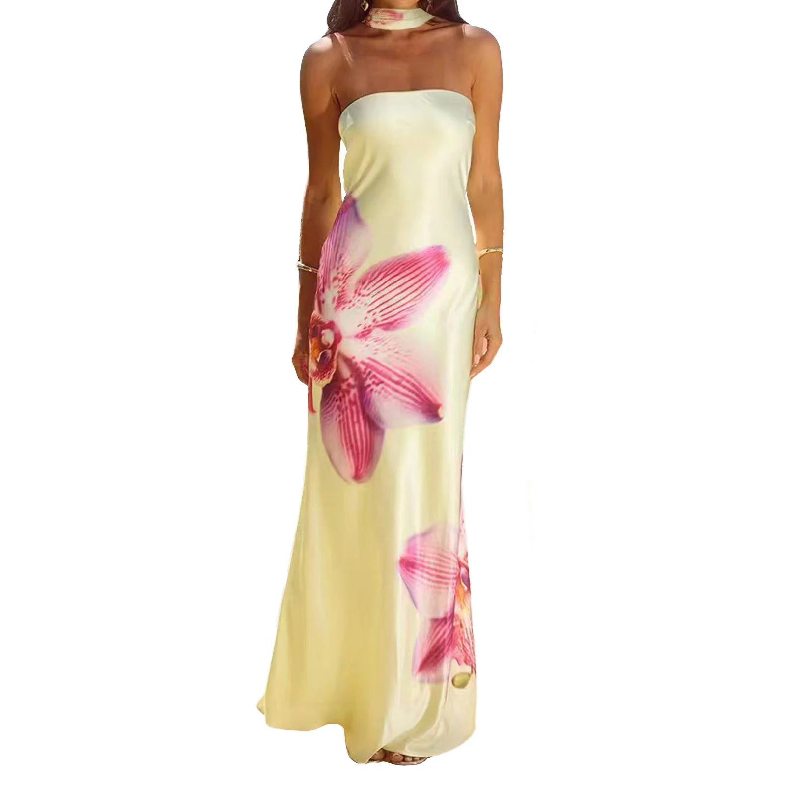 Cyflymder  Elegant Off-Shoulder Maxi Dress with Floral Print and Matching Shawl Women s Sleeveless Summer Gown for Special Occasions