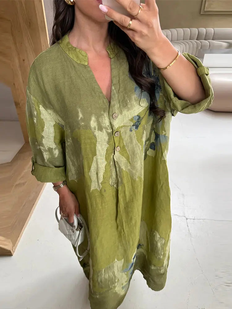 Cyflymder  Button Printed Oversize Midi Dress Women V-neck Fashion Holiday 2025 Autumn Dresses Long Sleeve Tie-dye Street Loose Female Robe