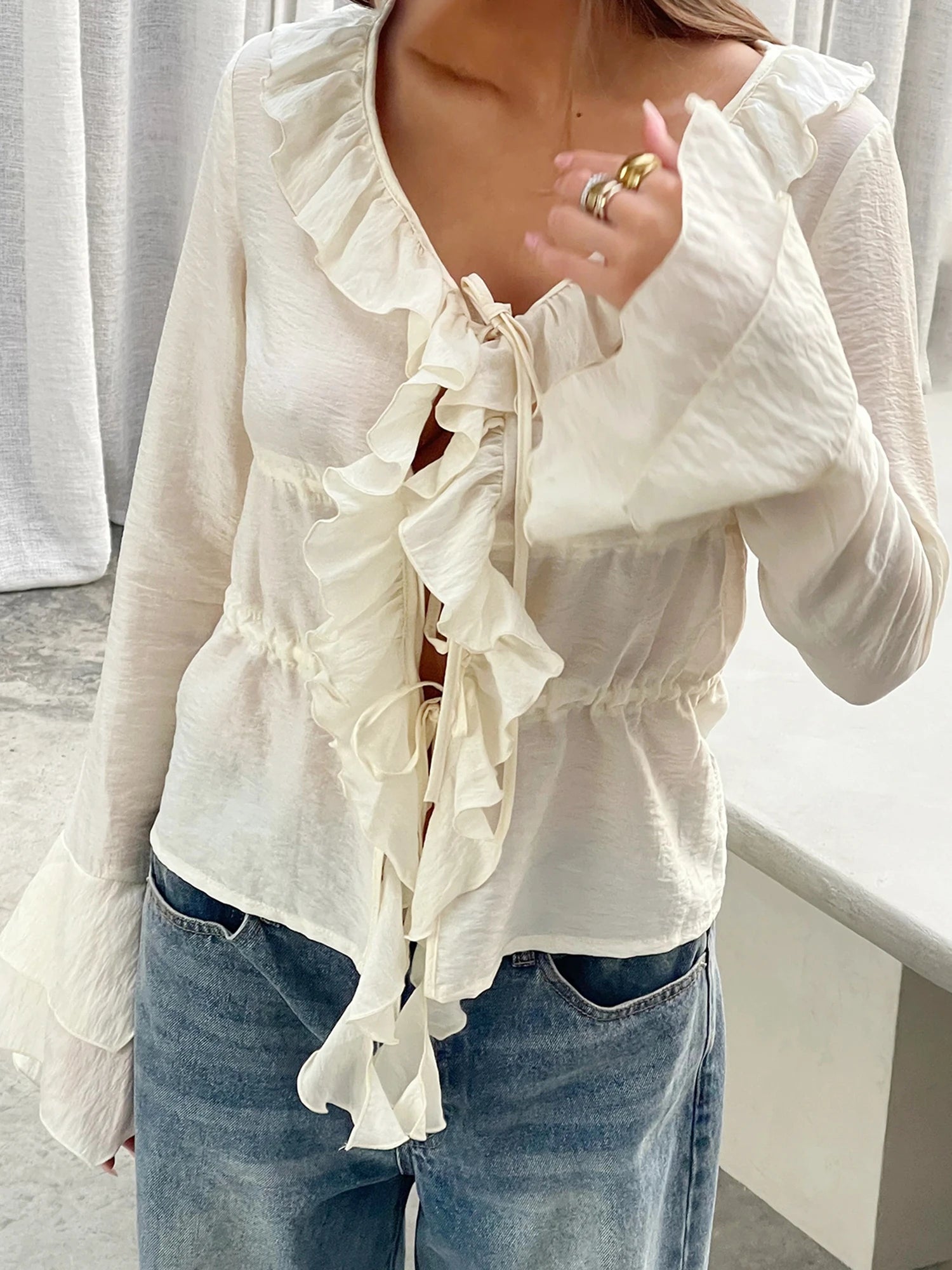 Cyflymder  Elegant Women s V-Neck Peplum Blouse with Flowy Front Bow Tie Long Sleeve and Ruffle Trim Detail for a Stylish Look