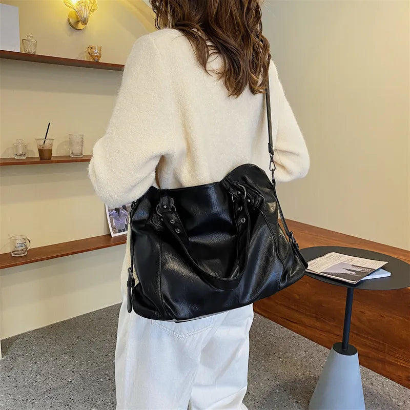 Cyflymder Big Black Shoulder Bags for Women Large Hobo Shopper Bag Solid Color Quality Soft Leather Crossbody Handbag Lady Travel Tote Bag