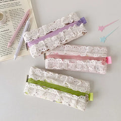 Cyflymder  Lace Pencil Case for Student Girl Ruffle Cute Korean Makeup Stationery Organizer Bag Portable Pouch Back To School Kawaii Gift