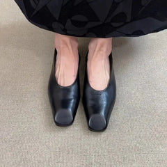 Cyflymder  Minimalist Style Leather Flat Shoes Slip-On French Elegance Women's Square Head Commuting Little Leather Shoes Retro Pure Color