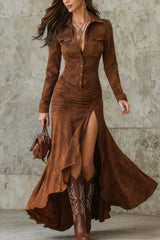 Cyflymder  Velvet Suede Dress for Women's Elegant Split Solid Slim Single-breasted Long Dress Lapel Collar Pocket Ruffles Maxi Dress Autumn