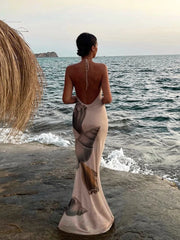 Cyflymder  Shell Printed Mesh Party Dress Halter Knitted Maxi Beach Autumn Dress Backless Bodycon Beige Christmas Long Vestidos
