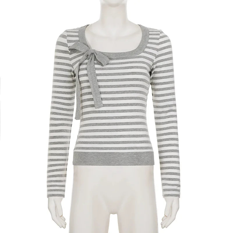 Cyflymder   Color Block Striped Bow Women Tops O Neck Long Sleeve Slim Fit Sweet Simple T-shirts Fashion Streetwear Summer Casual Tee