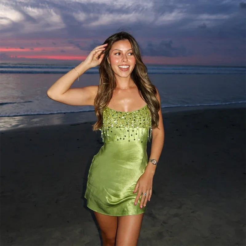 Cyflymder  Women Elegant Satin Spaghetti Strap Sequin Fringe Mini Dress Bodycon Sexy Low Cut Camisole Dress Cocktail Party Beach Holiday