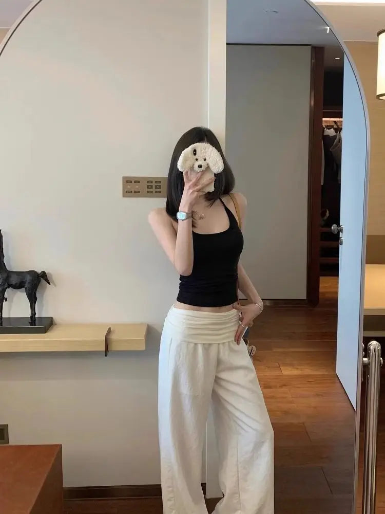 Cyflymder  Loose Wide Leg Casual Pants High Waist Flip Waisand ex Summer Korean Sle Simple Comfortable Cool Versatile Wide Leg Pant