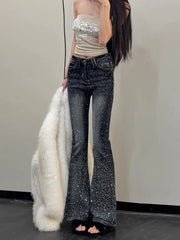 Cyflymder  Hot Girl Jeans Women's Retro Fashion Baby's Breath Diamond Micro-flared Trousers