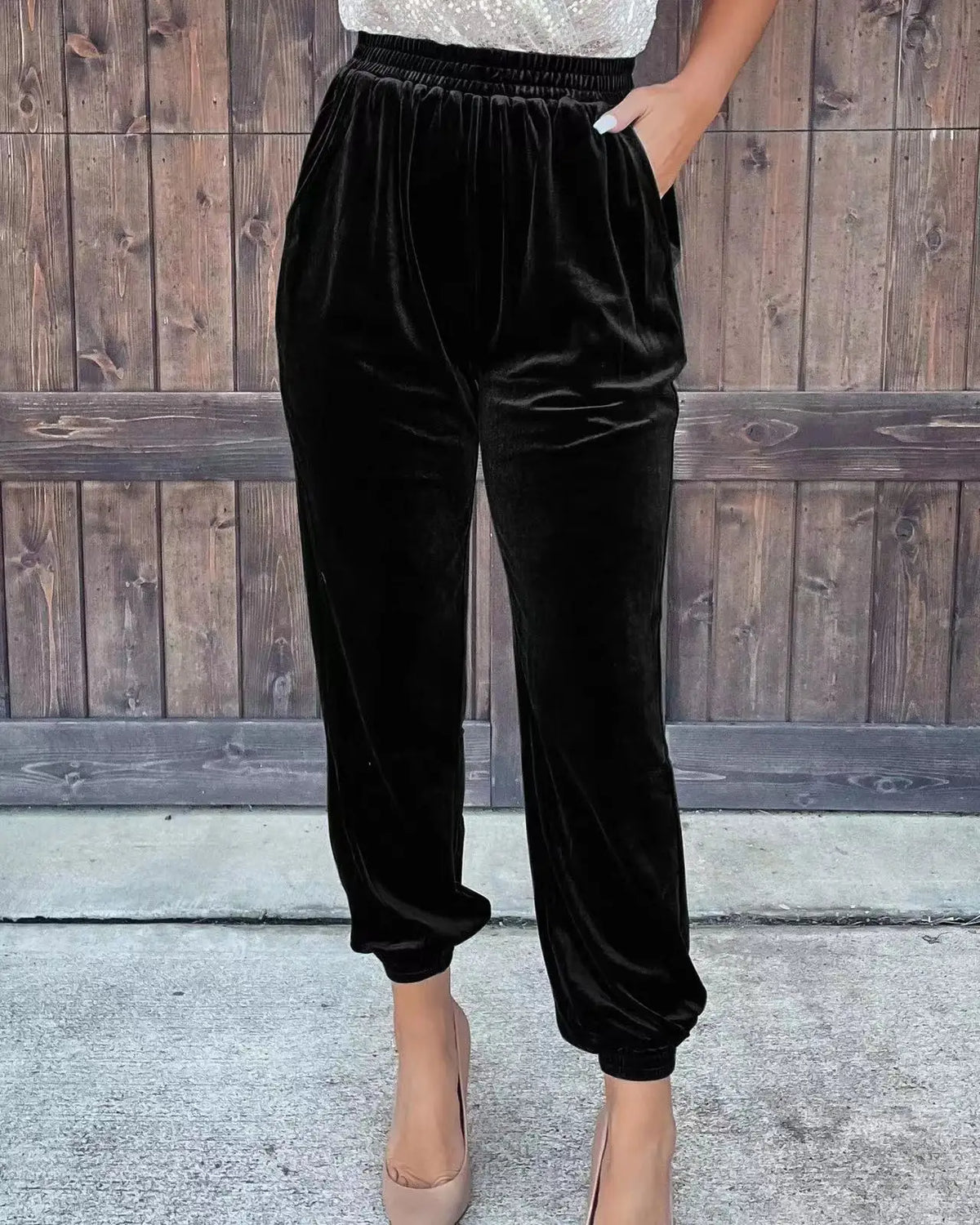 Cyflymder  Elastic Waist Straight Leg Pants Women's Casual Trousers Polyester Fiber l Waist Patchwork Mid-aged Women's Pants