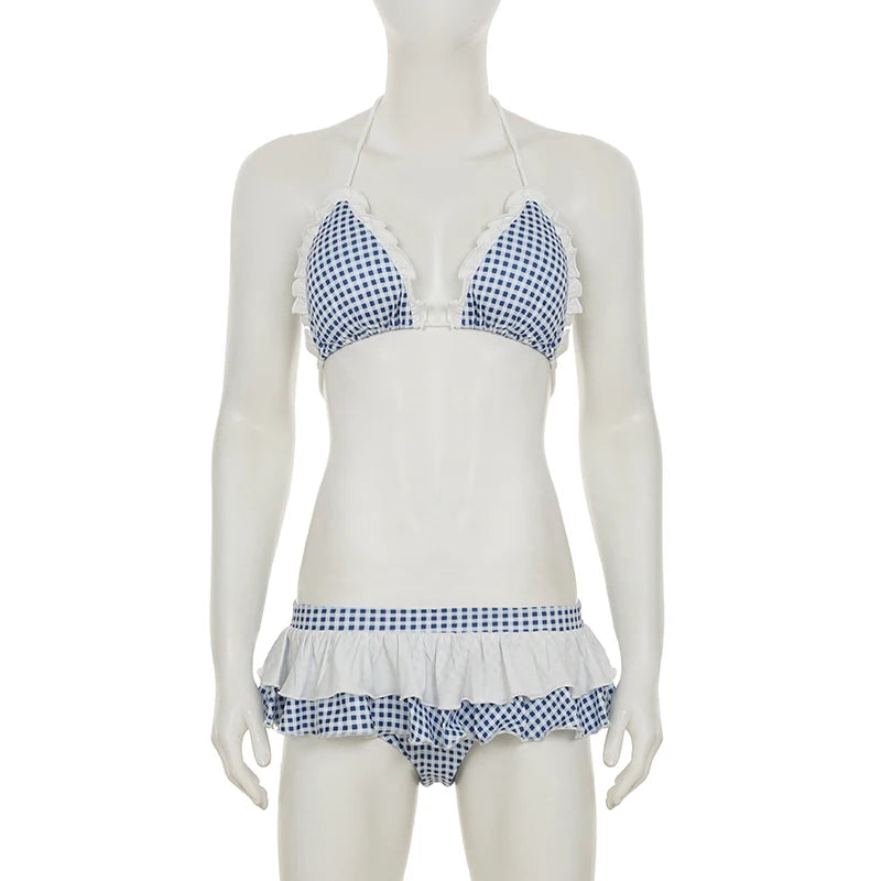 Cyflymder  Plaid Bikini Set For Women Halter Ruffled Hem Swimsuit Two-Piece Beach Summer Swimwear Sexy 2Pcs Fashion Beachwear 2025