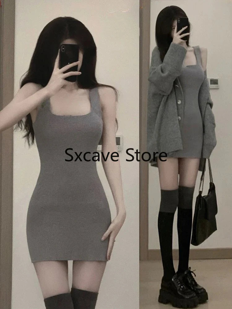 Cyflymder Gray 2 Piece Dress Set Women Casual Long Sleeve Cardigan + Bodycon Strap Sweater Dress Evening Party Knitted Suit