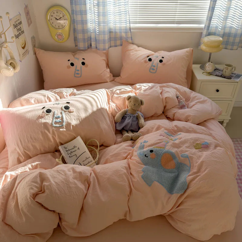 Cyflymder  new student cartoon washed cotton towel embroidered three or four-piece set bed sheet quilt cover mattress bedding
