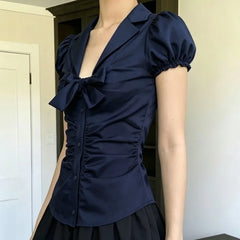 Cyflymder  Temperament Preppy Style Bow V Neck Puff Short Sleeve Women's Blouse Y2k Aesthetic Harajuku Pleated Casual Shirts Spice Clothes