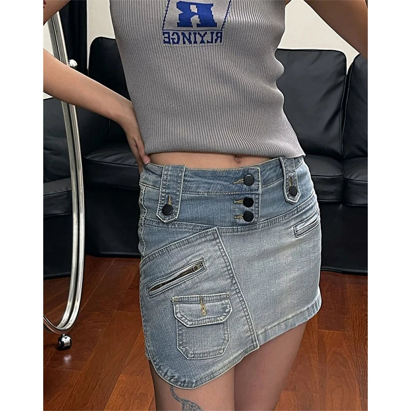 Cyflymder  Y2K Cargo Denim Mini Skirt Women Vintage 90S Washed Hip Wrap Skirts Summer Streetwear Korean Sexy Gyaru High Waist Design Faldas