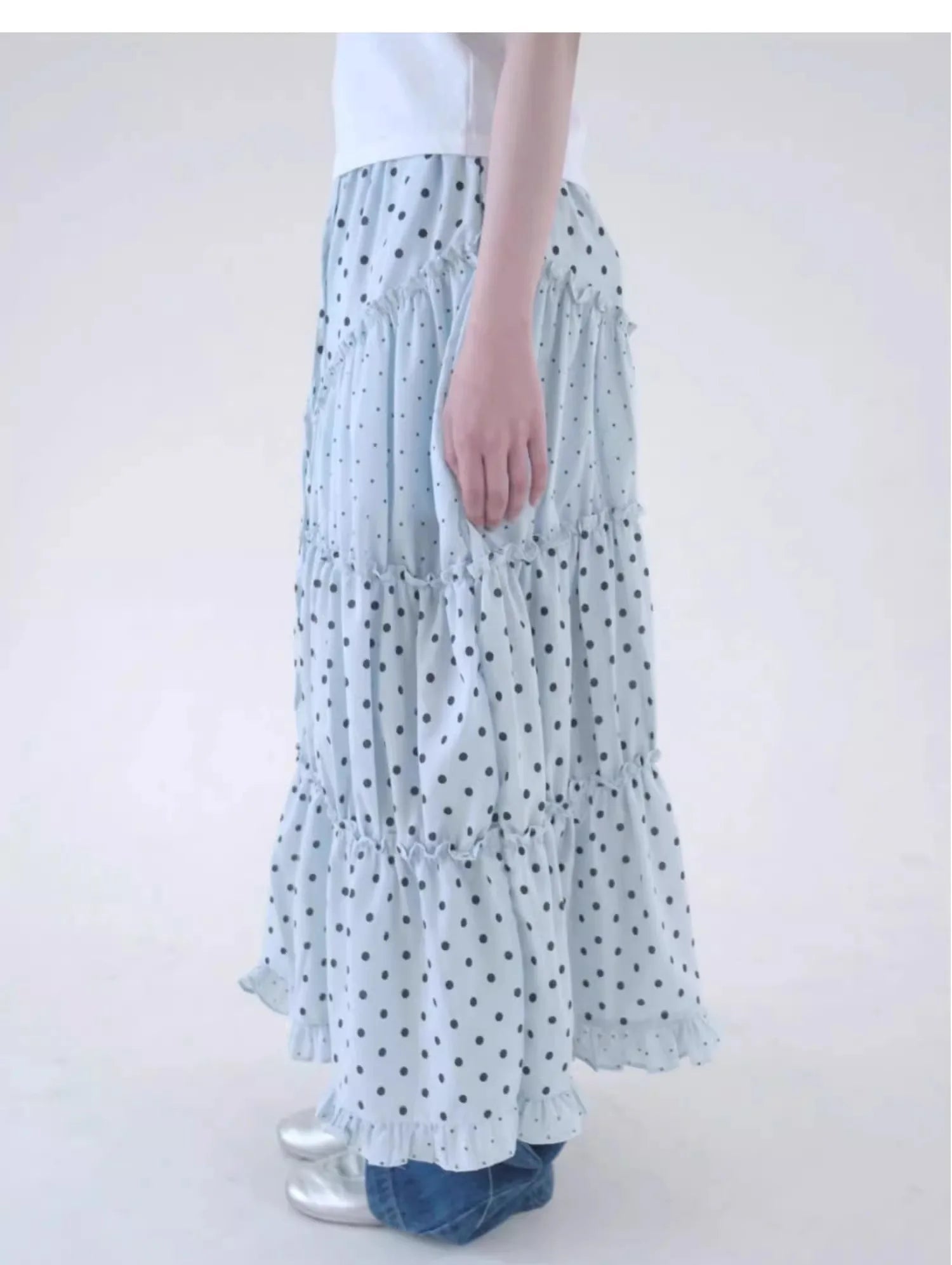 Cyflymder  Oxygen Girl Retro Polka Dot f-length Skirt with Pleated Lace Elastic Waist A-line Mid-length Commute Sle Summer 2025