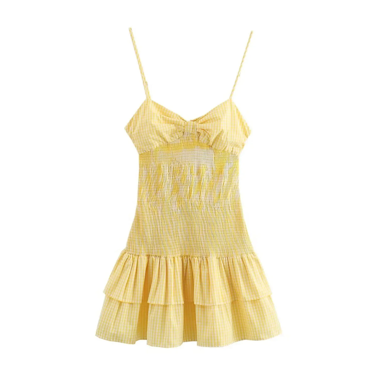 Cyflymder  New Fashion Vintage Beach Mini Dress for Women Summer Holiday Women Casual Small Plaid Bow Yellow Dress Elegant Vestidos