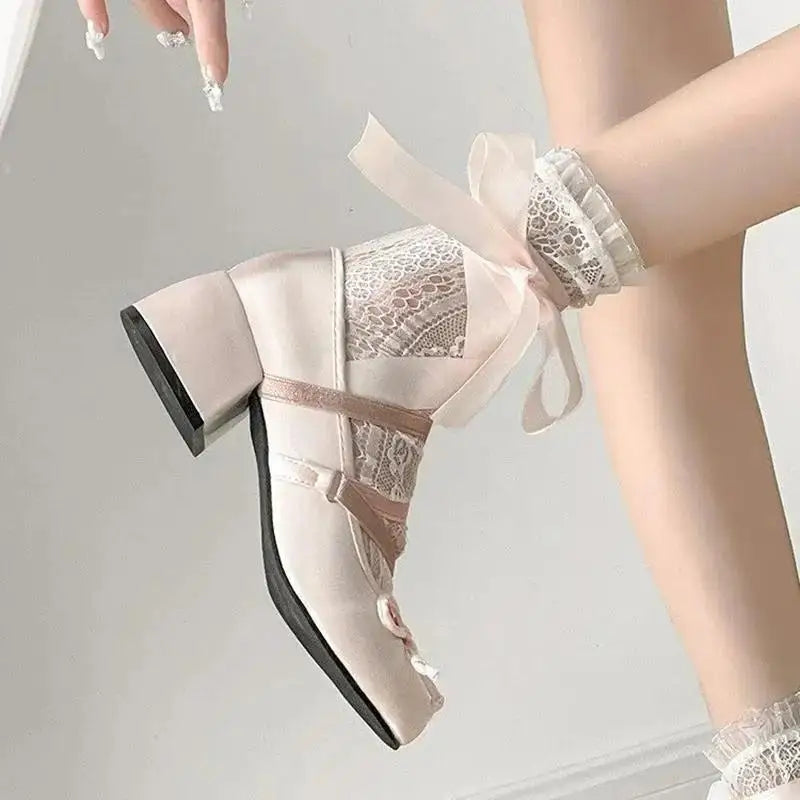 Cyflymder  Lolita Cross Strap Pink Round Toe Shoes Ladies Sweet Butterfly Knot Med Heels Mary Janes Shoes Women Fashion Party Shoes Mujer