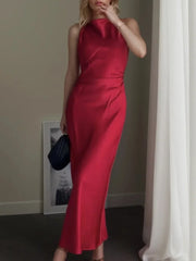 Cyflymder  Summer New Women Sleeveless Dress Fashion Temperament Sexy Silk Satin Texture Solid Color Midi Long Dress Women Elegant