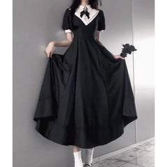 Cyflymder  Elegant Spliced O Neck Short Sleeve A-line Long Dress Y2k Euramerican High Street Gothic Women Dress Vintage Lolita Punk Clothes