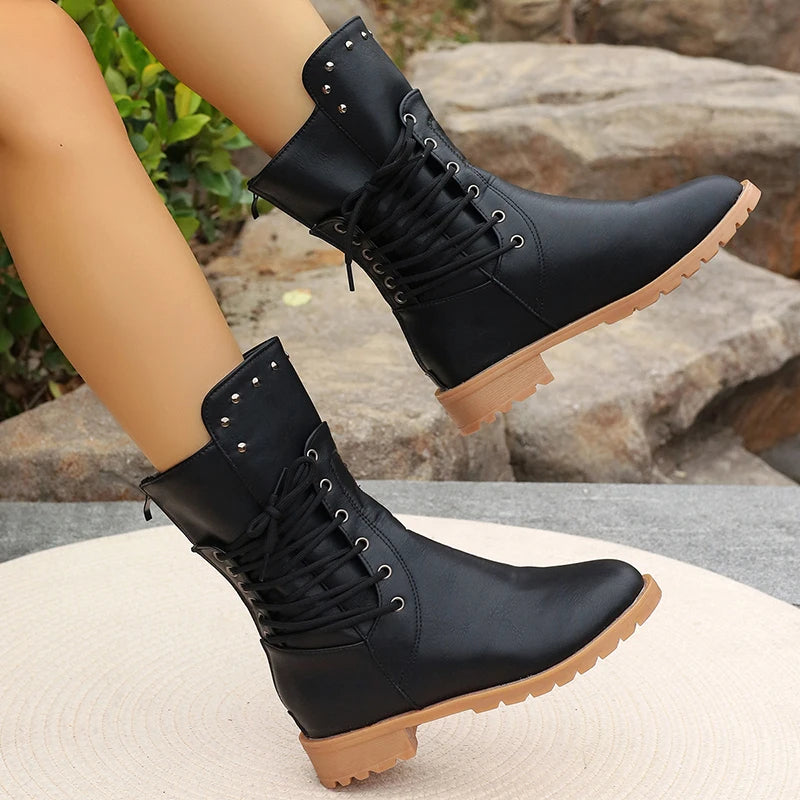 Cyflymder Autumn Winter Lace Up Mid Length Boots Women Retro Rivet Large Size Pu Leather Boots Fashion Solid Thick Heel Ladies Boots