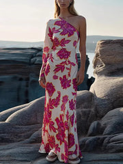 Cyflymder  Floral Print Satin One Shoulder Dress Waist Cinched Asymmetric  Summer Elegant Women Gown Causal Chic Lady Vestido