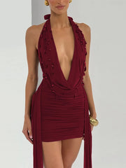 Cyflymder  Sexy Rhinestone Detail Deep V Halter Mini Party Dress for Women Fashion Solid Sleeveless Backless Ruched Ribbon Club Dress