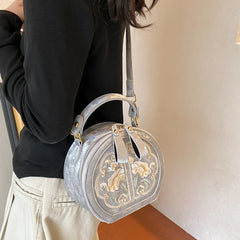 Cyflymder  Fashion Embroidered Women Crossbody Bag, Vintage Pattern PU Round Handbags, New Elegant Versatile Daily Shoulder Bags for Women