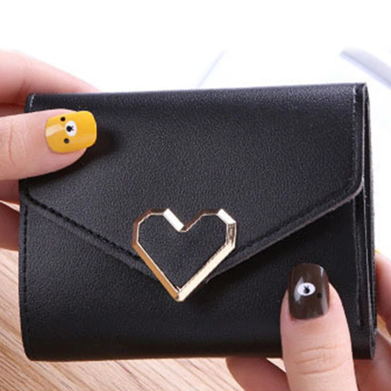 Cyflymder Fashion Heart Hasp Women Short Wallet Coin Pouch Solid Color Large Capacity Credit Card Holder Card Wallets Student Coin Purse