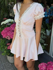Cyflymder  French-style Elegant Bodycon Mini Dress With Lace Trim Buttoned Cardigan Fashion Evening Birthday Partywear Sweet Outfit