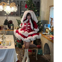 Cyflymder  Red Autumn Winter Christmas Lolita 2 Piece Sets Women Sweet Plush Bunny Ear Hooded Cloak Coat Bow Mini Dresses New Year Y2k Suit