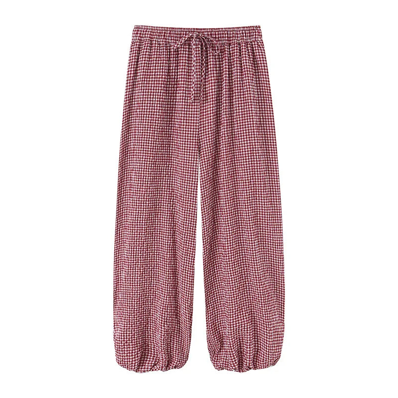 Cyflymder  Plaid Print Elastic Drawstring High Waist Jogger Pants Cuff Hem Loose Fit Summer Women Bottoms Soft Causal Lady Pantalones