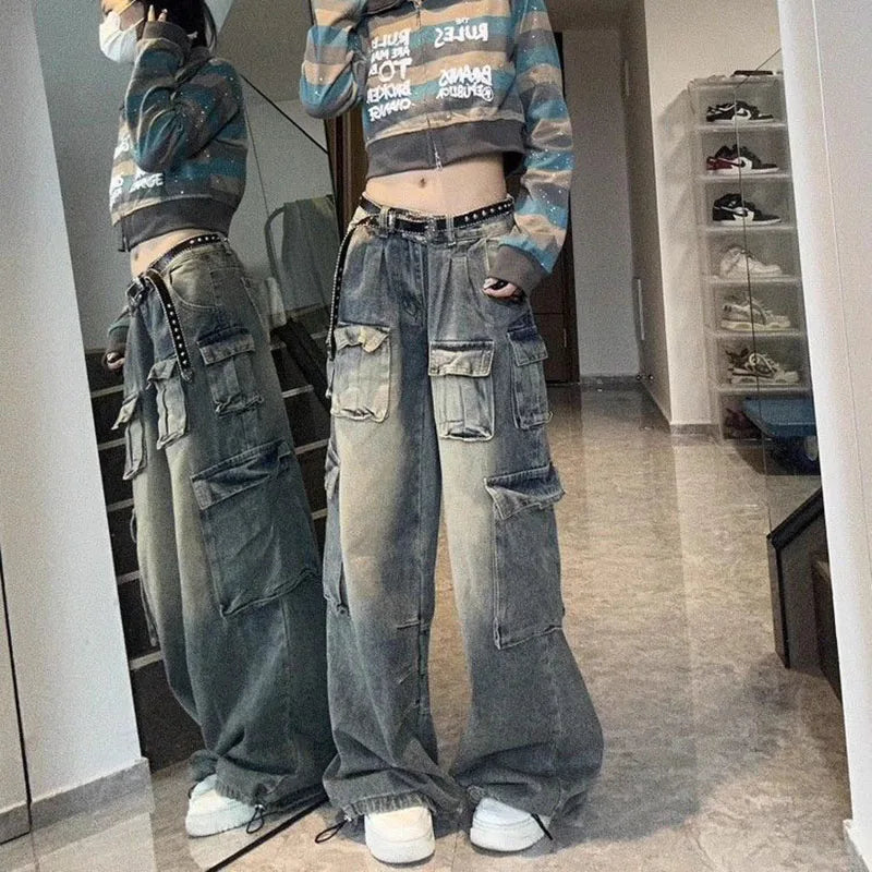 Cyflymder  New Blue Baggy Cargo Jeans Women Harajuku Y2K 90S Retro High Waist Denim Trousers Hip Hop Pockets Wide Leg Cowboy Pants