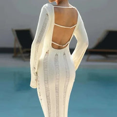 Cyflymder   Autumn Hollow Out Backless Knit Maxi Dress Women Fashion Sexy O Neck Full Sleeve Bodycon Long Robe Holiday Beach Cover Ups