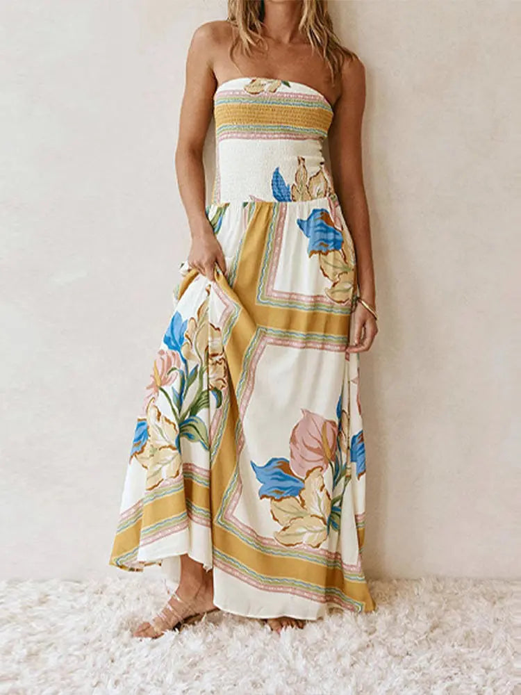 Cyflymder  Printed Chic Strapless Floor Dress Women Backless Slim Elastic High Waist Pleated Vacation Dresses 2025 Summer Party Lady Robe