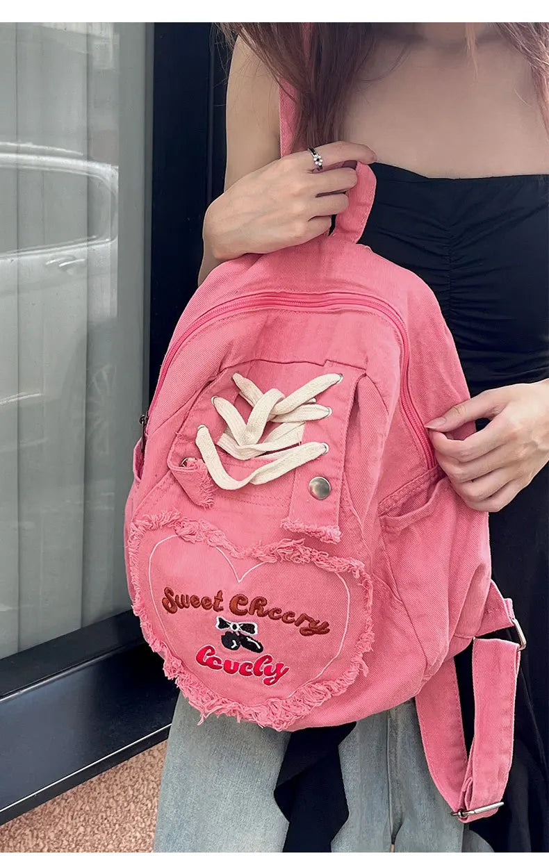Cyflymder  Cute Pink Denim Women Backpacks Large capacity shoulder Bags Girls School Bags Embroidered letters daypacks Travel Jean Bagpack