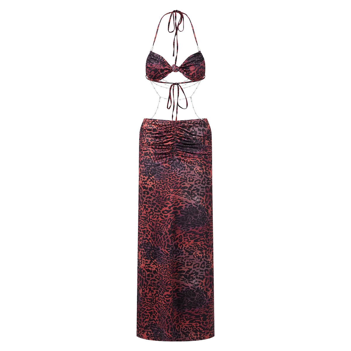 Cyflymder  Women s Sleeveless Maxi Dress Summer Floral Print Halter Neck Backless Deep V Neck Beaded Chain Bodycon Dress with Slit