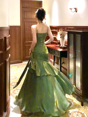 Cyflymder Green Dress Pleated V-neck Suspender Long Skirt Niche High-end Fishtail Skirt Gorgeous Shiny Adult Gown Homecoming Dresses