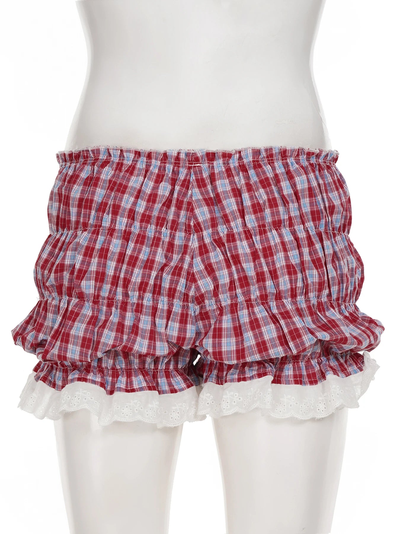 Cyflymder  Sweet Plaid Lace Trim Low-Waisted Shorts Slim Patchwork Low-Waisted Shirts Women Summer Fashion Streetwear Ladies