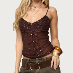 Cyflymder  New Women's Beaded Sequinned Camisole Slim Fit Sexy V Neck Spaghetti Strap Going Out Tops Stylish Summer Streetwear Camis