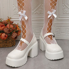 Cyflymder  White Platform High Heels Pumps Women Patent Leather Chunky Heeled Mary Jane Shoes Woman Round Toe Buckle Strap Student Shoes