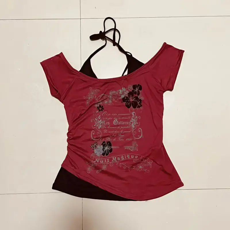 Cyflymder  American retro pattern printing fake disguise two-piece women short-sleeved T-shirt Harajuku fashion street loose casual y2k top