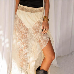 Cyflymder  Sexy Lace Skirt Asymmetrical See-Through Floral Mesh High Split Floor Length Long Skirt Women's Beige Y2k Ruffled Maxi Skirt