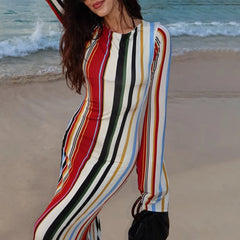 Cyflymder  Long Sleeve Women's Casual Long Dress Elegant Hight Waist Slim Fit Party Dresses Fashion Crew Neck Striped Printed Holiday Dress