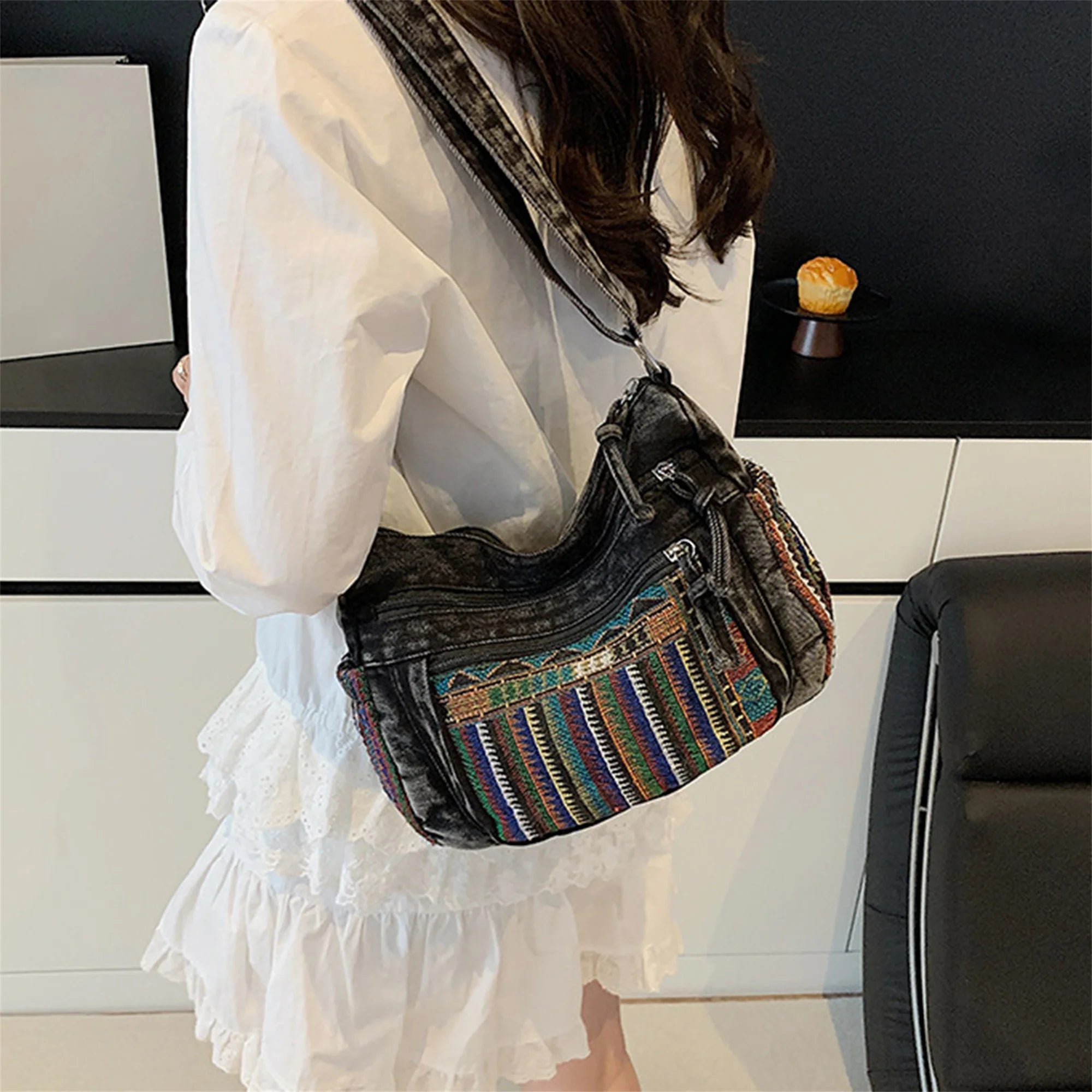 Cyflymder  Stylish Ethnic Print Tote Bag with Adjustable Strap for Women Casual Shoulder Handbag with Unique Pattern for Girls
