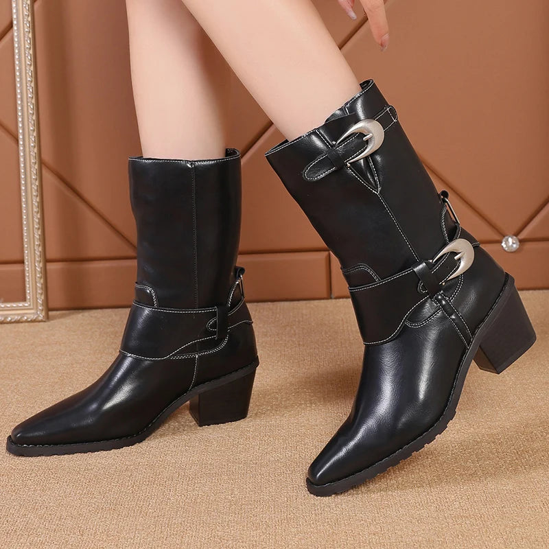 Cyflymder Pu Leather Double Metal Buckle Women Mid-Calf Boots Elegant Point Toe Modern Boots 2024 Winter New High Heel Thick Heel Booties