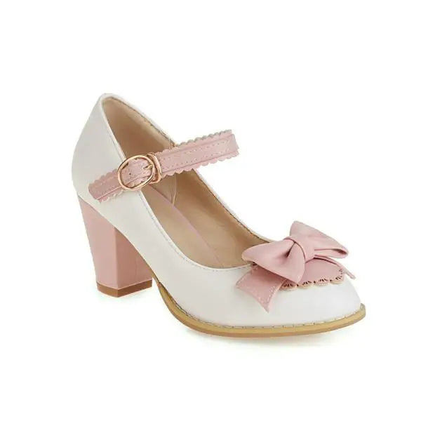 Cyflymder  Block Heels For Women Pumps Basketball Platform Bow Shoes Sandals Ladies Shallow Mouth Sweet Round Toe Chunky African Big Beige