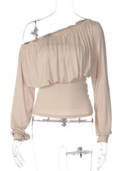 Cyflymder  Off Shoulder Ruched Waist-cinching Top Women Solid Color Slanted Collar Long Sleeve Casual T-shirt Y2K Hot Girl Sexy Tee